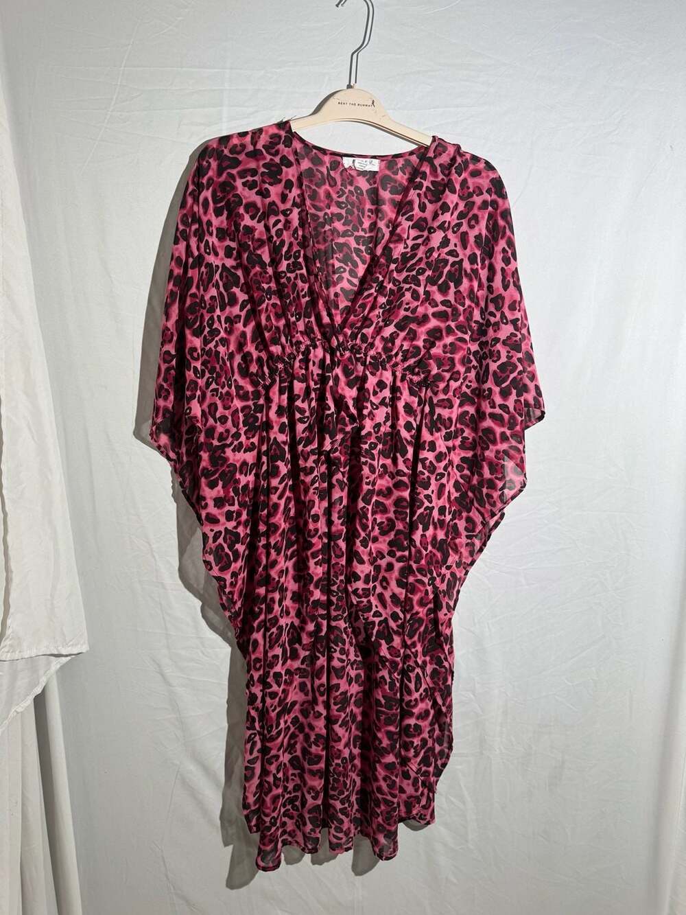 LIFE Pink Leopard Print Swim Cover Up Womens Small Sheer V Neck Kaftan Dress